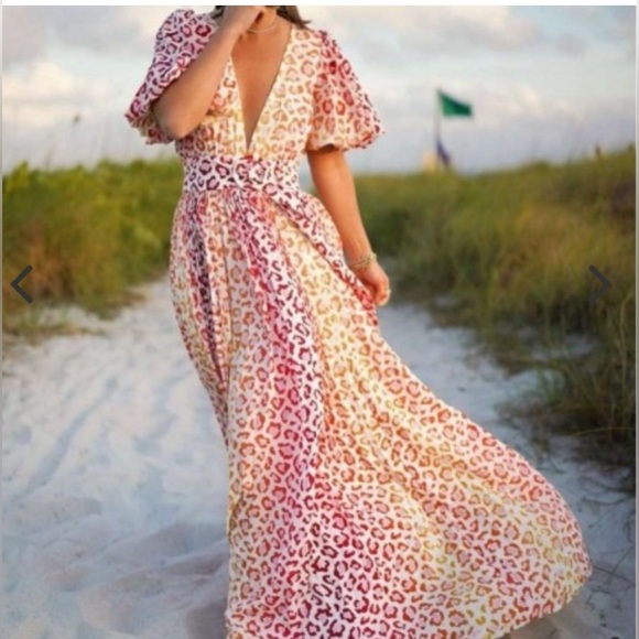 NWT ROCOCO Sand Avana Leopard Print Puff-Sleeve Pleated Maxi Dress size small - Picture 1 of 11